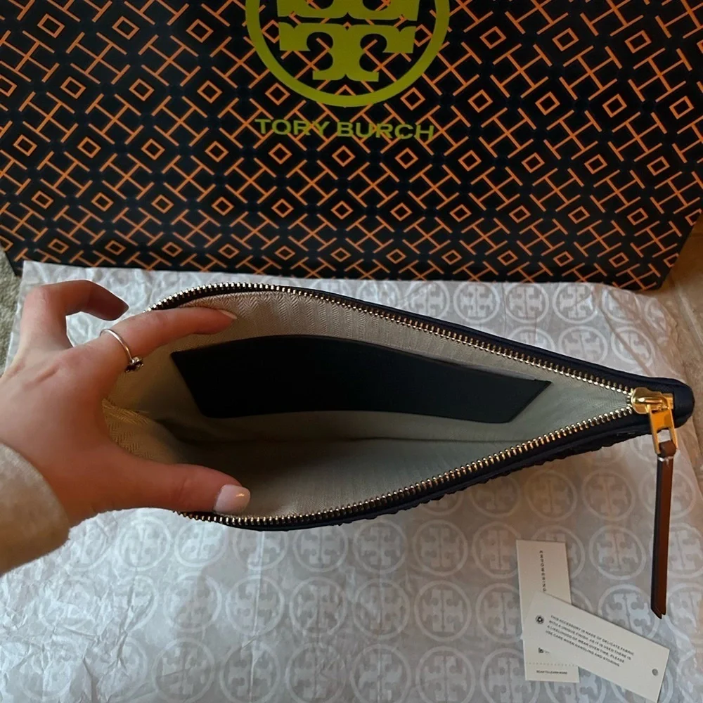 Tory Burch T Monogram Embroidered Straw Pouch Royal Navy